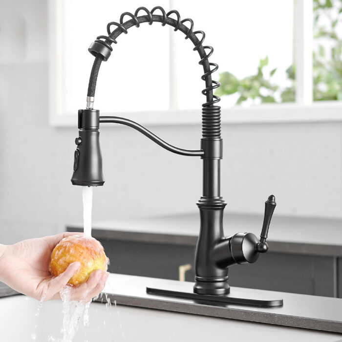 Matte Black Classical Spring Kitchen Faucet With Deck Plate - Image 2